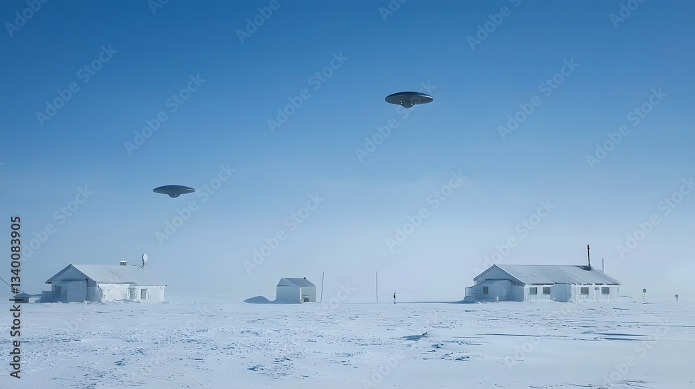 Aufkleber mysterious unidentified flying objects hovering in the sky above a remote and isolated scientific re