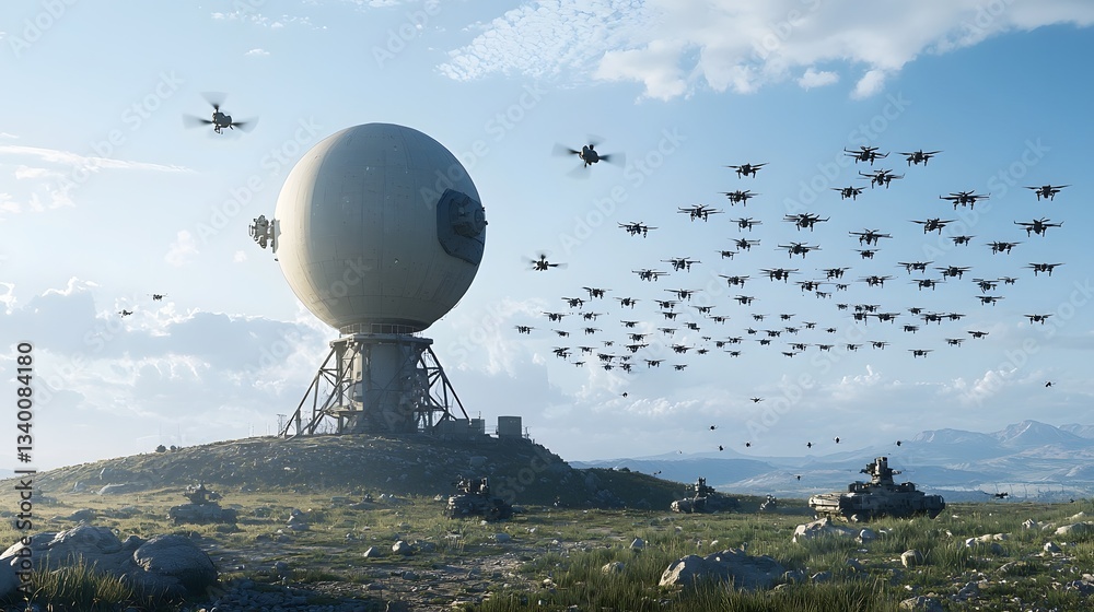Aufkleber Radar system monitoring and tracking a large swarm of unmanned aerial vehicles drones in a rugged military battlefield setting