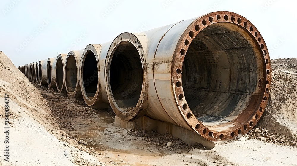 Poster Rows of large metal pipeline sections partially buried in the ground forming an underground infrastructure network