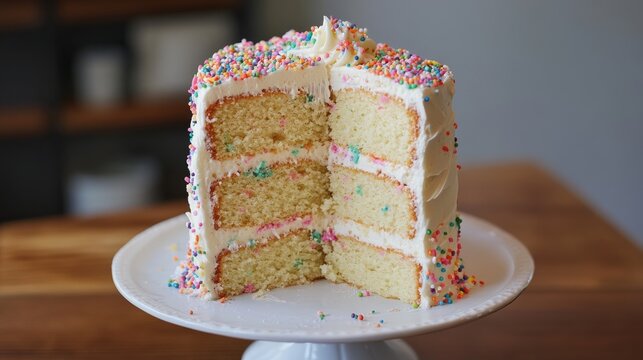 Funfetti Cake: Vanilla cake with sprinkles baked in, topped with funfetti frosting and additional sprinkles for a playful touch.