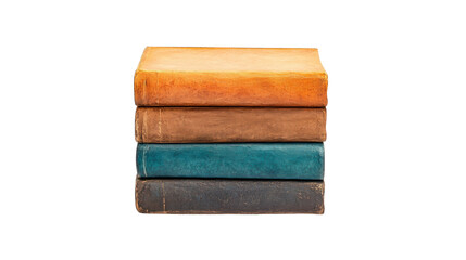A stack of four vintage books in varying shades of brown and teal, showcasing textured covers and a classic aesthetic.