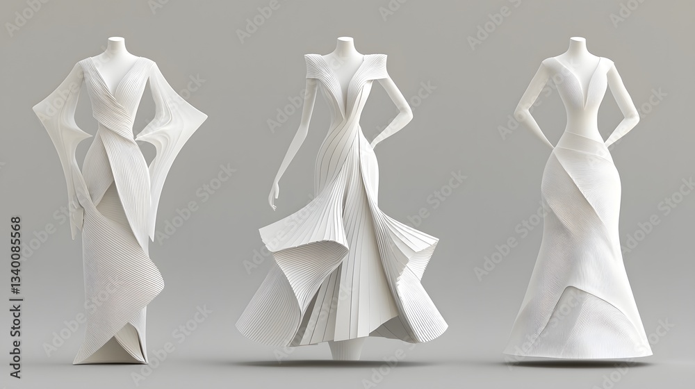 Poster striking conceptual fashion silhouette blending sharp geometric angles and soft flowing curves for a
