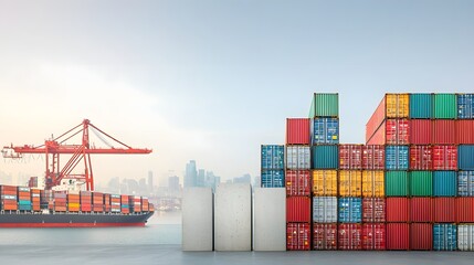 Fototapeta premium Stacked shipping containers blocking a port s trade route symbolizing the concept of trade barriers and restrictions impacting global commerce and logistics