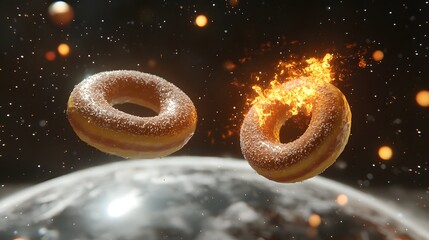 Two glowing donuts surrounded by fire orbiting a mini planet in a cosmic light environment of imagination and wonder