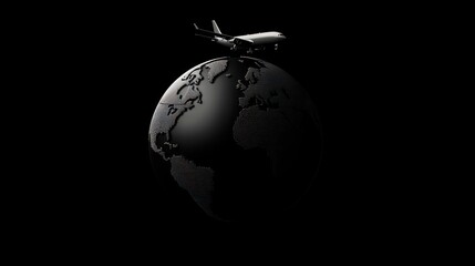 Black solid globe with airplane pictogram, travel or international business themes