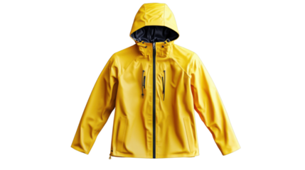 Yellow rain jacket with hood isolated on transparent background
