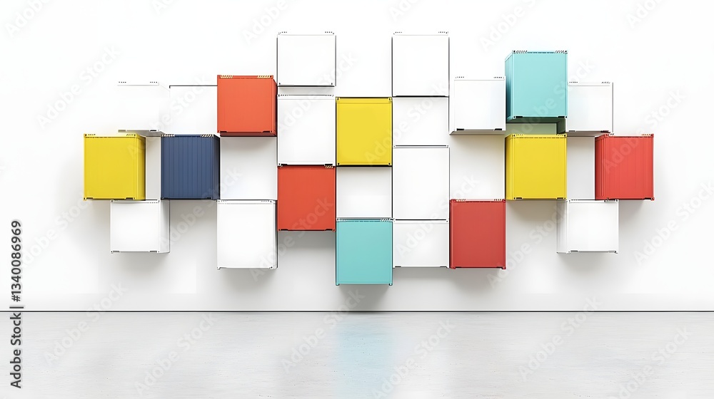 Poster Vibrant geometric arrangement of multicolored shipping containers creates an abstract modular wall structure against a clean white background