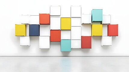 Vibrant geometric arrangement of multicolored shipping containers creates an abstract modular wall structure against a clean white background