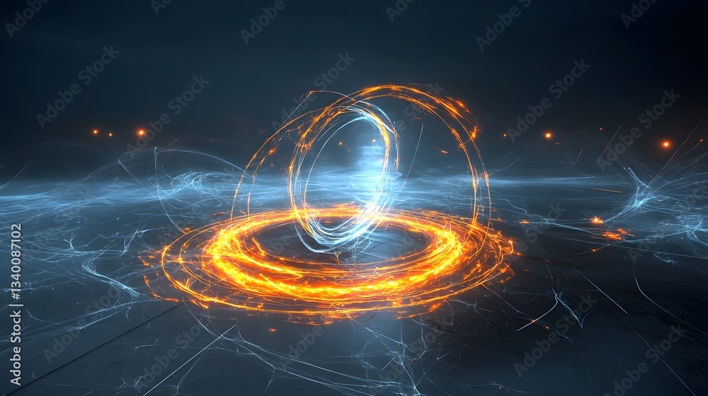 Poster vibrant swirling energy vortex with glowing ethereal rings drawing objects into a captivating otherw