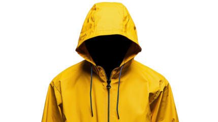 Yellow raincoat with hood up on transparent background