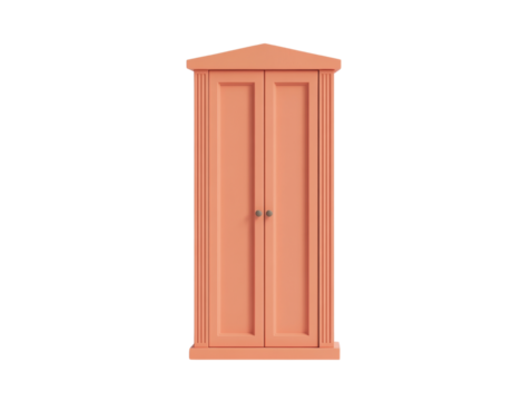 A simple, stylish wardrobe with a peaked top and double doors, featuring a smooth coral finish.