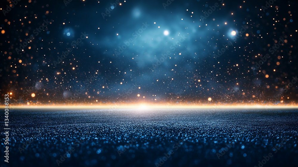 Wall mural cosmic stage: an expansive, dark stage illuminated with scattered glitter and a shimmering cosmic ba