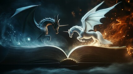 Obraz premium Dragon and Unicorn Emerging from the Pages of an Enchanted Book