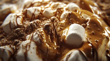 Delicious dessert with marshmallows, chocolate sauce, and cocoa powder. Perfect for blog posts or ads related to sweets and indulgence.