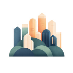 Obraz premium A collection of stylized buildings with varying shapes and colors, rising from a rounded base, creating a modern urban skyline.