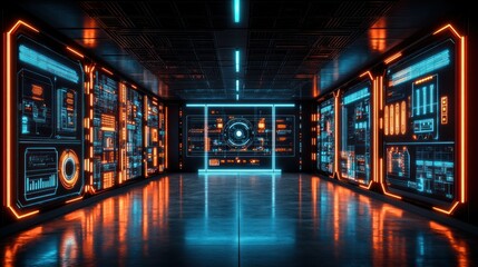 Futuristic control room with glowing displays.  High-tech interior with orange and blue neon lights illuminating interactive panels.  Spacious corridor with reflective floor