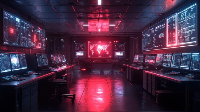 Futuristic control room with glowing displays and tactical screens