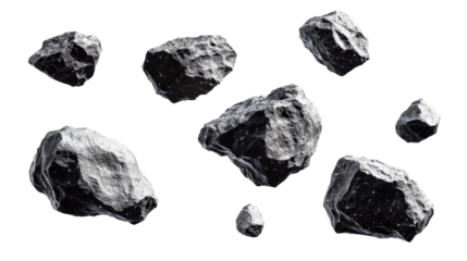 A collection of rocks scattered across a white background