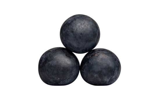 Three dark, round fruits stacked in a triangular configuration.