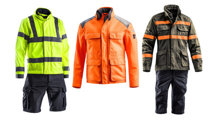 Three distinct safety jackets designed for high visibility and durability, featuring bright colors and reflective strips for optimal protection.