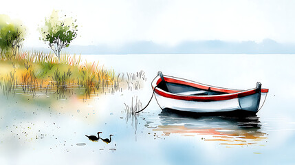 A boat is floating in a lake with a tree in the background. AI Generated