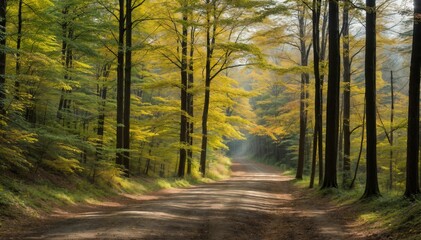 Naklejka premium Forest pathway with morning light and mist