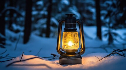 A glowing lantern illuminates snow covered ground in the forest