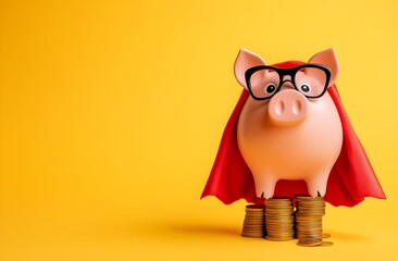 A superhero-fied piggy bank with coins. Save money and become a hero concept. copy space.