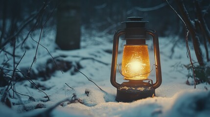 A luminous vintage lantern sits glowing on a snowy forest floor