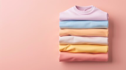 A neatly stacked arrangement of colorful t-shirts in pastel shades, set against a soft pink background, showcasing a sense of style and organization in casual clothing.