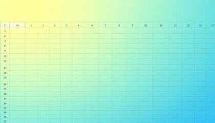 Green and blue spreadsheet app interface with numbered rows and columns, flat design, application, ui