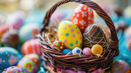 A close-up of an Easter basket filled with hand-painted eggs, jellybeans, and chocolate treats