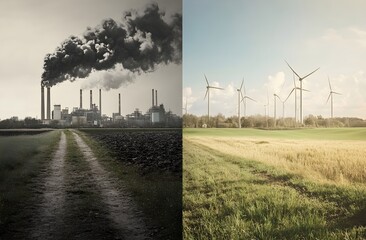 Fototapeta premium Split-screen: Fossil fuels vs. renewable energy. Pollution vs. clean energy. Modern, contrasting.