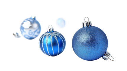 A row of blue and white Christmas ornaments are displayed on a white background