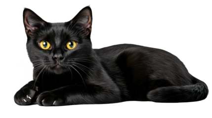 A black cat with yellow eyes is laying on a white background