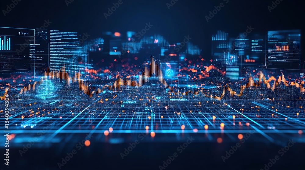 Poster futuristic data visualization, complex network of interconnected digital information streams