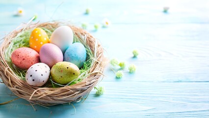 easter eggs in a basket with copy-space