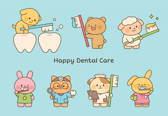 Adorable kawaii animal characters promoting dental care and oral hygiene. Featuring a cute dentist, nurse, and happy animals brushing teeth. Perfect for children's education and healthcare designs.