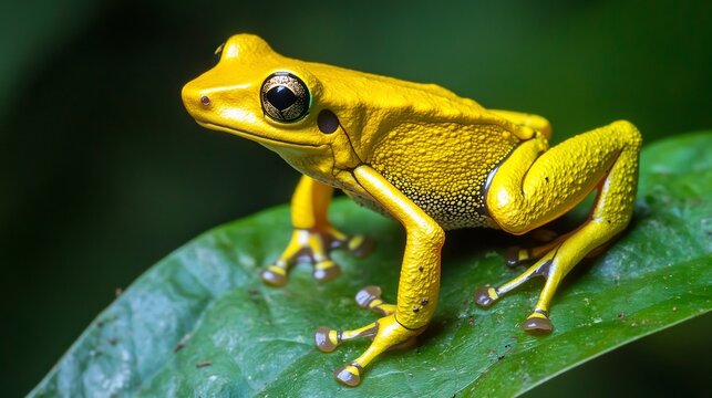 Golden poison dart frog perched on a leaf in the lush Amazon rainforest its brilliant yellow skin a stark warning to predators