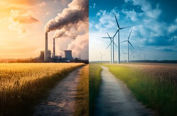 Obraz premium Split-screen: Fossil fuels vs. renewable energy. Pollution vs. clean energy. Modern, contrasting.