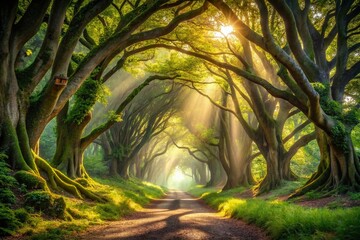 Naklejka premium Enchanted Forest Path: Magical Archway of Ancient Trees in Misty Sunlight