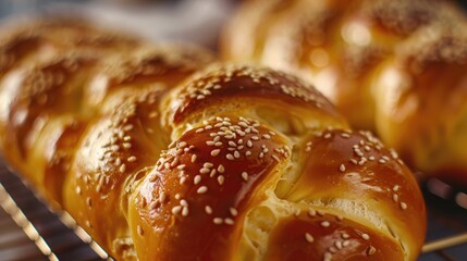 A close-up of freshly baked Easter bread with golden crust, braided and sprinkled with sesame seeds