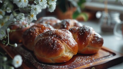A close-up of golden-brown Easter hot cross buns on a wooden tray, dusted with powdered sugar