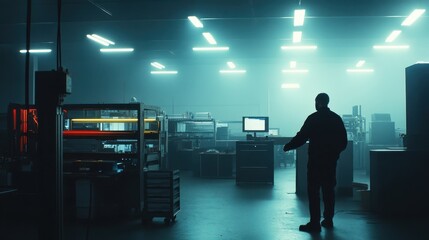 A person silhouetted standing inside a manufacturing facility building