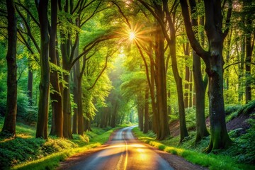 Obraz premium Enchanting Forest Road: Sunlit Path Through Lush Green Canopy, Architectural Photography Style