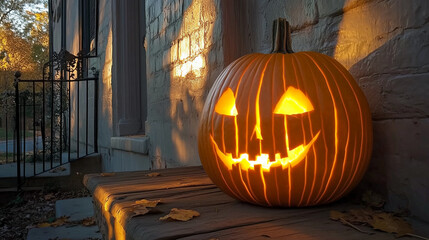 Obraz premium Lit Jack-o'-Lantern Against Brick Wall