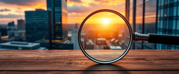 Plakat Magnifying glass on wood, city view, business analysis, magnifying glass, city