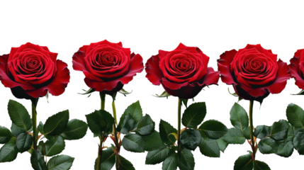 A row of five red roses are displayed in a row