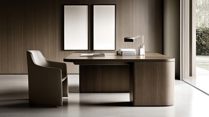 Modern executive desk in minimalist office with garden view