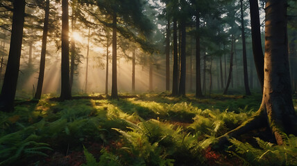 Obraz premium Sunlight Streaming Through Dense Forest with Ferns Covering the Ground